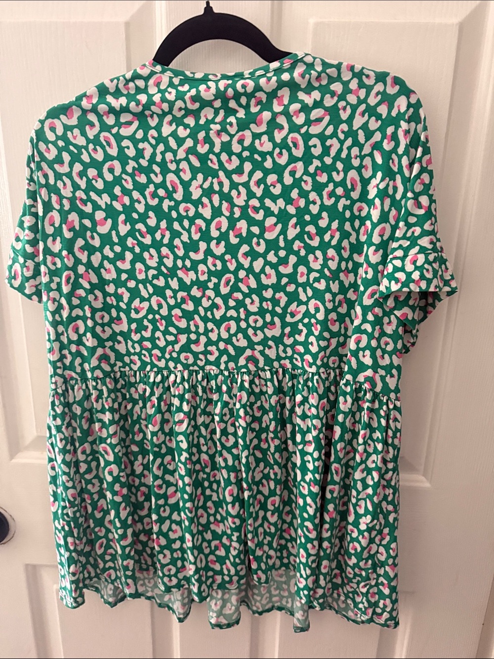 Green Leopard Print Peplum Top with Pink Accents - Picture 3 of 3